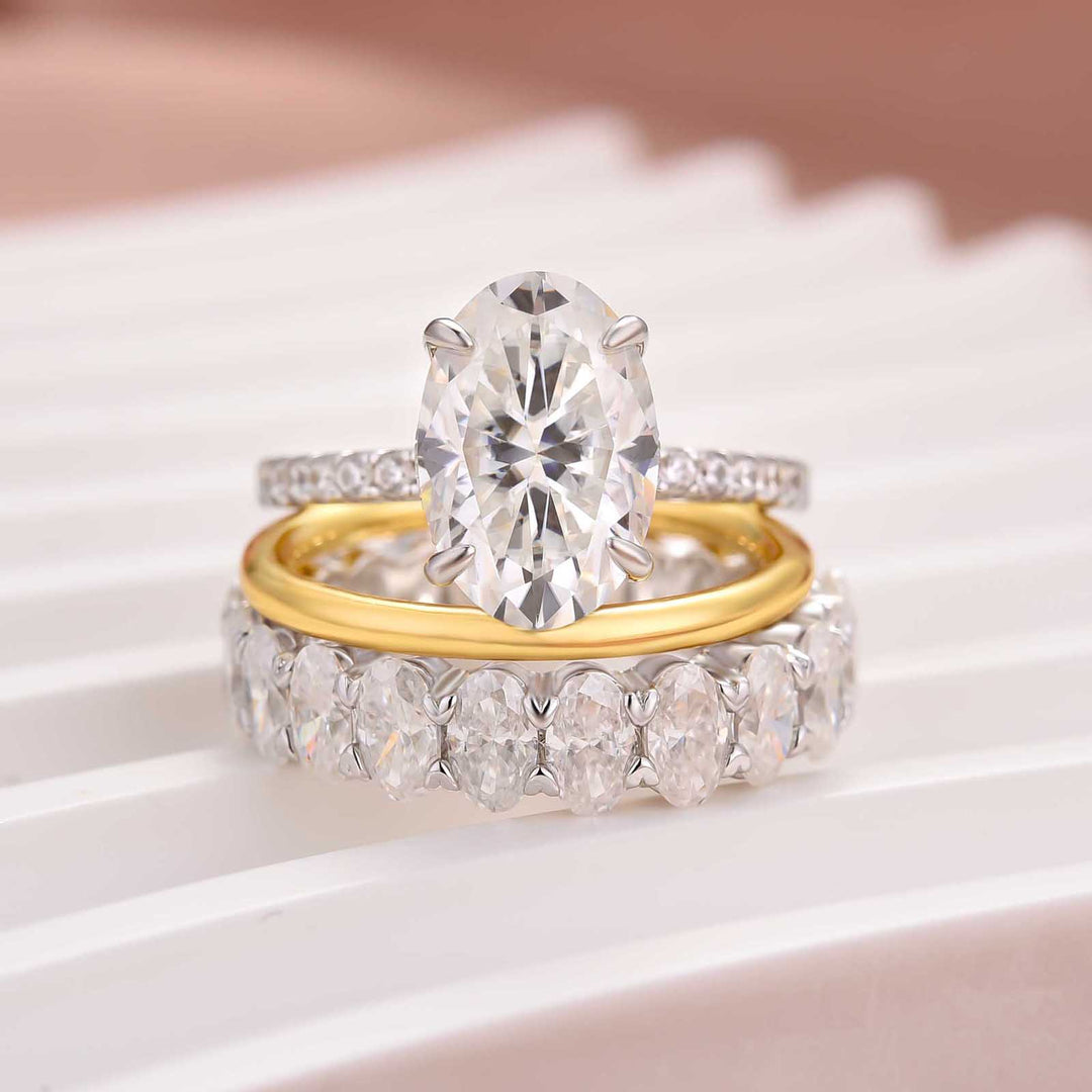 Moissanite 3PC 4.0CT Oval Cut Hidden Halo Full Eternity & Pavé Stackable Statement Ring Set For Women