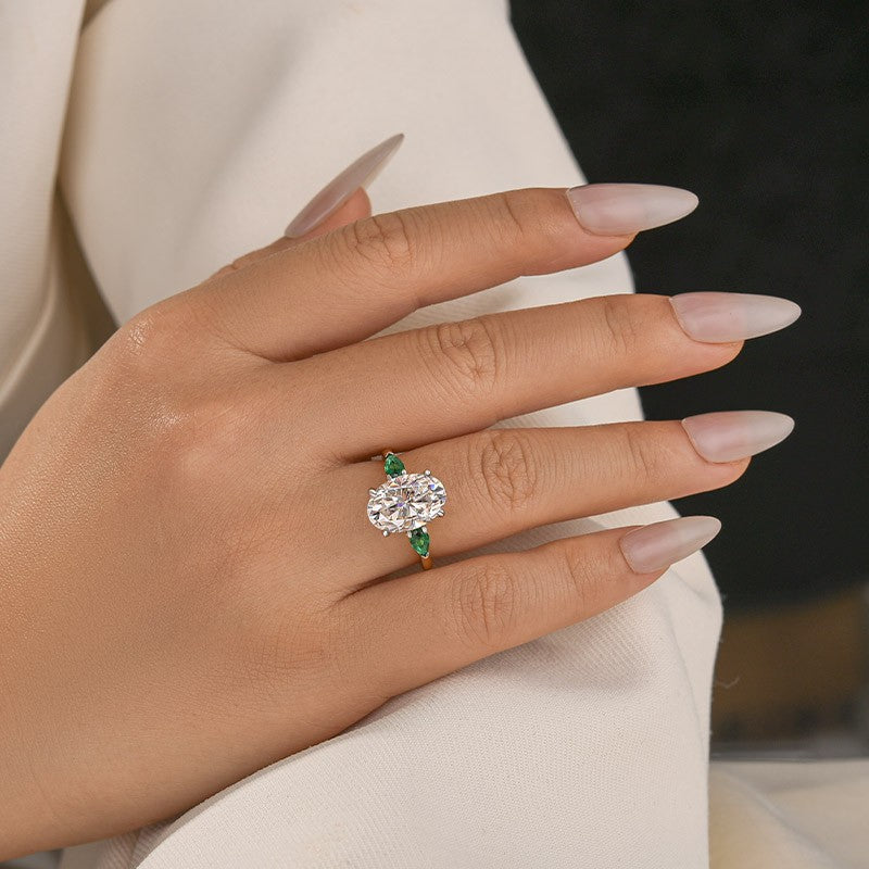 Moissanite 4.0Ct Oval Cut Green Pear Cut Side Stone Engagement Ring