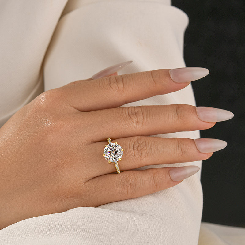 Rodiffy Moissanite 3.0 Ct ~4.0 Ct Round Cut 6 Prong Yellow Gold Promise Ring