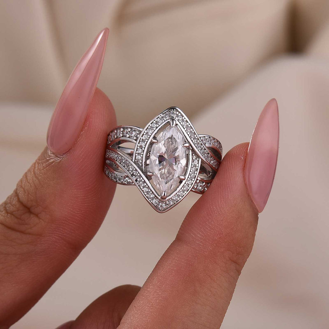 Moissanite 2.0Ct Marquise Vintage Halo Ring With Intertwined Split Band In Sterling Silver