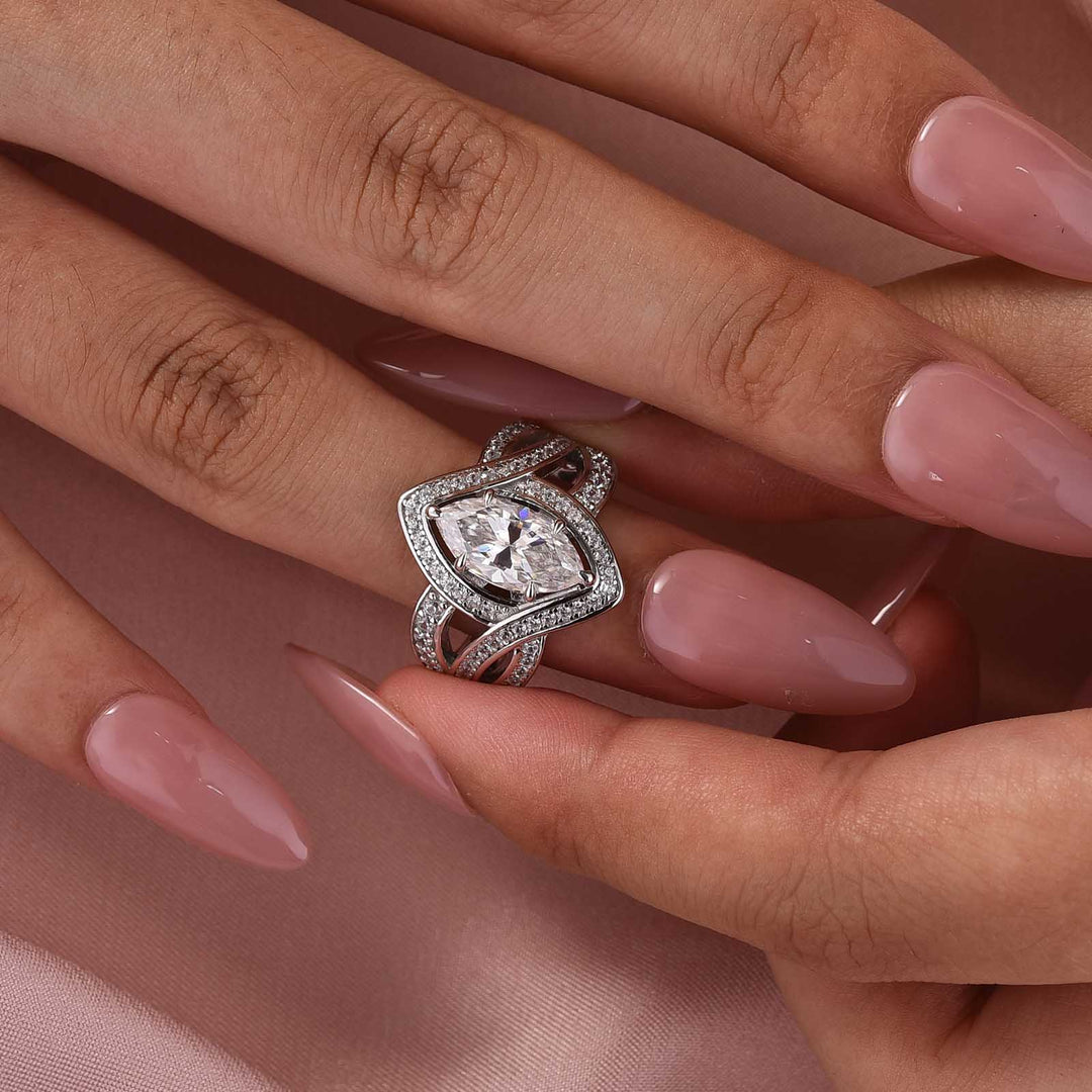 Moissanite 2.0Ct Marquise Vintage Halo Ring With Intertwined Split Band In Sterling Silver