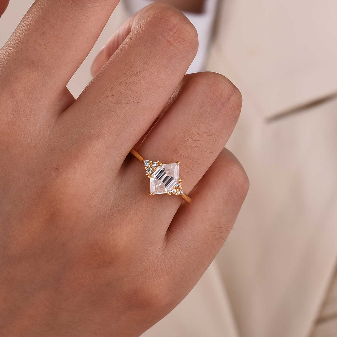 Moissanite 2.0Ct Elongated Hexagon Cut Side Stone Everyday Wearable Ring