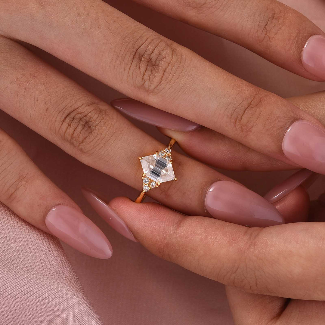 Moissanite 2.0Ct Elongated Hexagon Cut Side Stone Everyday Wearable Ring