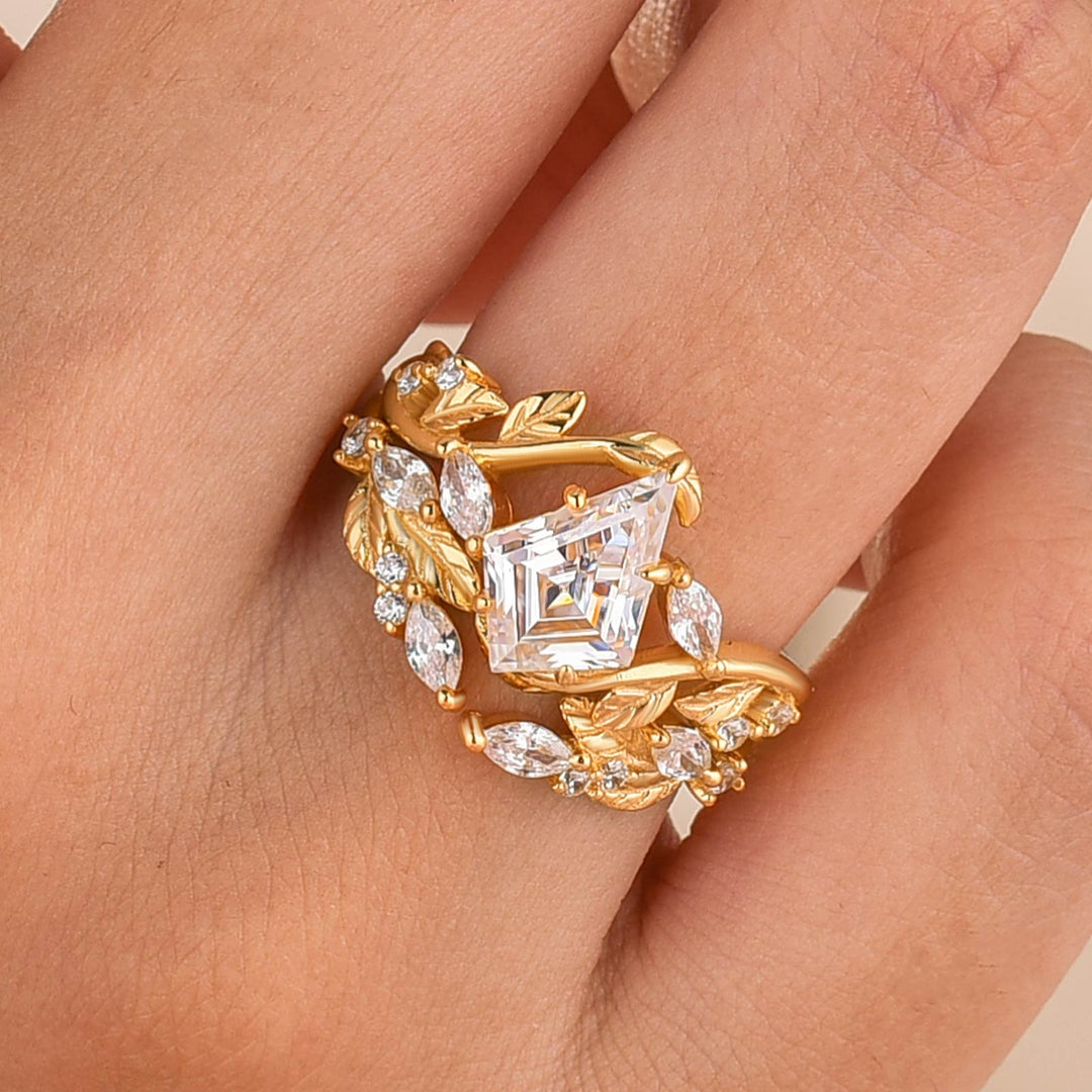 Moissanite 2.2Ct Kite Cut Enhancer Vintage Leaf Vine Ring Sets In Sterling Silver