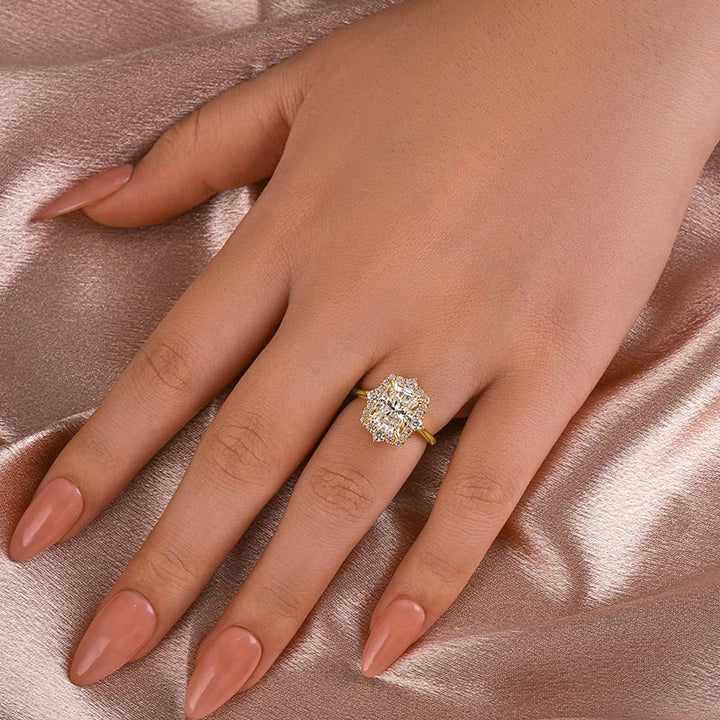 Rodiffy Moissanite 3.0Ct Yellow Gold Halo Radiant Cut Engagement Ring