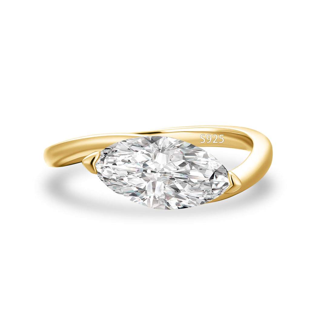 Moissanite 2.0Ct Yellow Gold East-West Marquise Cut Curve Band Engagement Ring