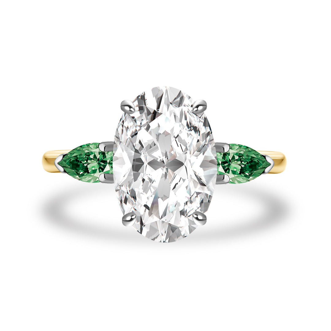 Moissanite 4.0Ct Oval Cut Green Pear Cut Side Stone Engagement Ring
