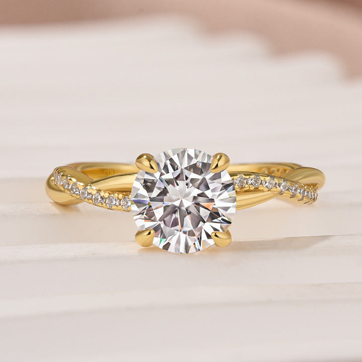 Rodiffy Moissanite 1.0Ct/1.2Ct/2.0 Ct Twist Yellow Gold Pave Promise Bridal Ring
