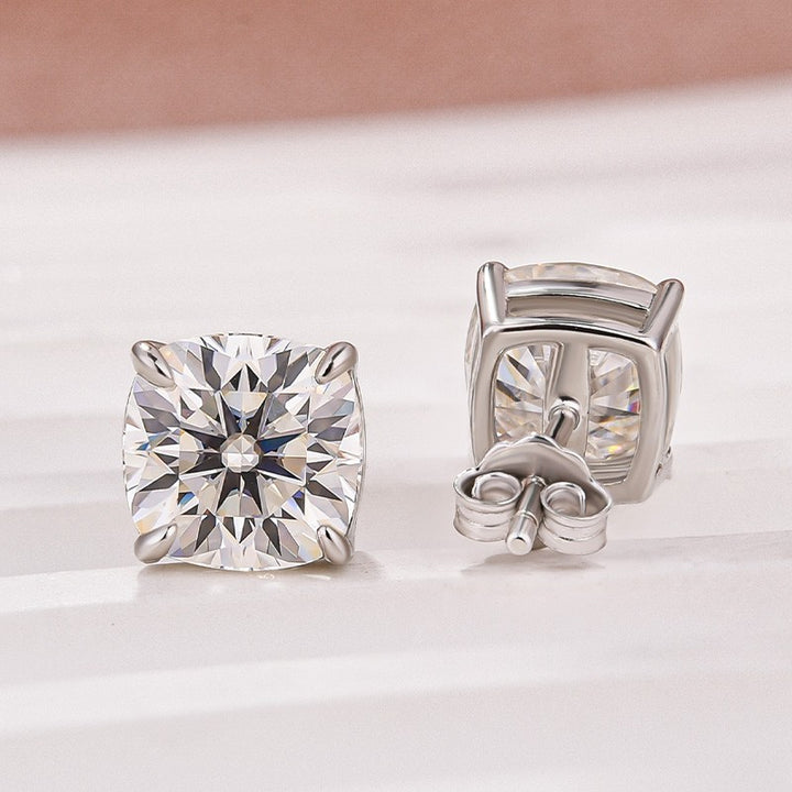 Moissanite 2.0Ct*2 Cushion Cut White Gold Stub Earrings