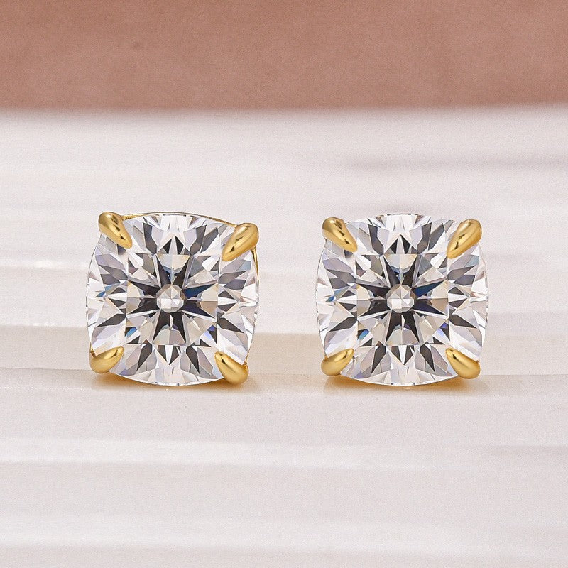 Moissanite 2.0Ct Cushion Cut Yellow Gold Stub Earrings