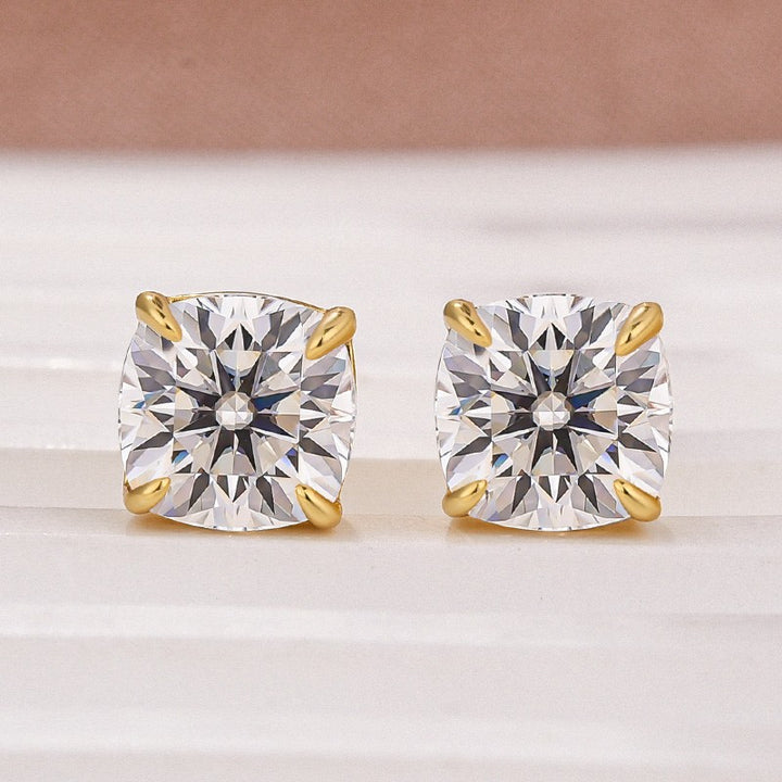 Moissanite 2.0Ct*2 Cushion Cut Yellow Gold Stub Earrings