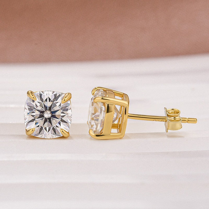 Moissanite 2.0Ct*2 Cushion Cut Yellow Gold Stub Earrings