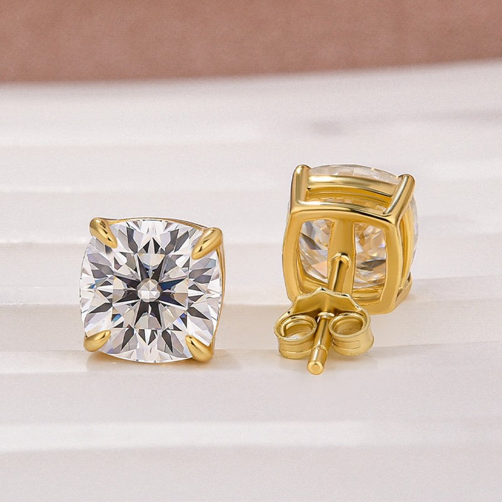 Moissanite 2.0Ct*2 Cushion Cut Yellow Gold Stub Earrings