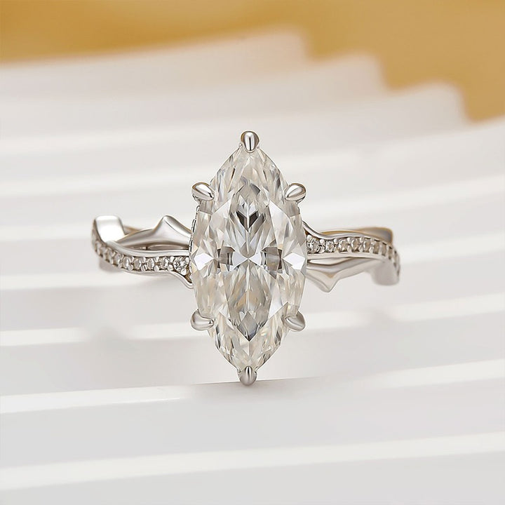 Moissanite 3.0Ct Marquise Cut White Gold Twist Engagement Ring In Sterling Silver