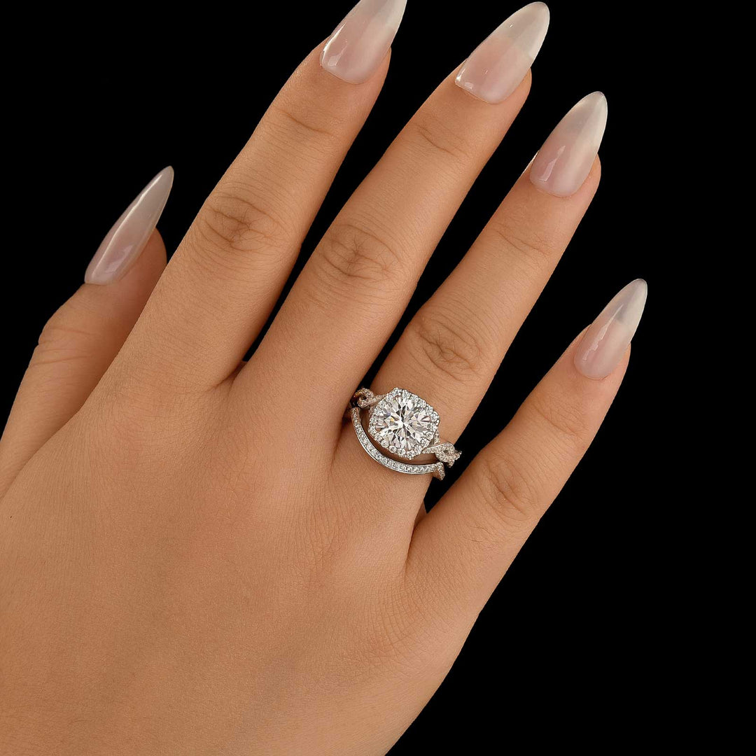 Moissanite 2.0Ct Halo Round Cut Twist White Gold Wedding Ring Set In Sterling Silver