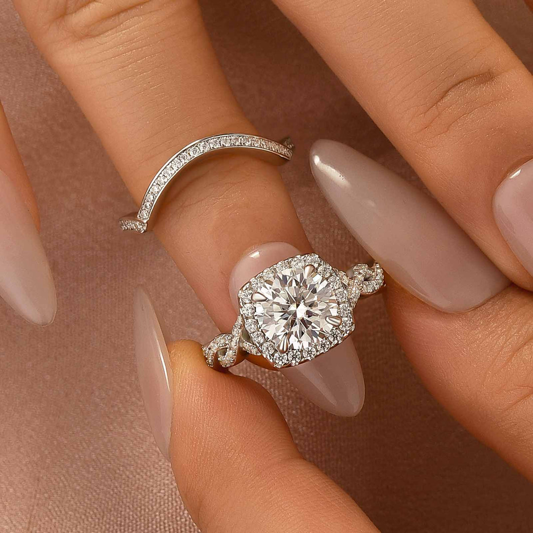 Moissanite 2.0Ct Halo Round Cut Twist White Gold Wedding Ring Set In Sterling Silver