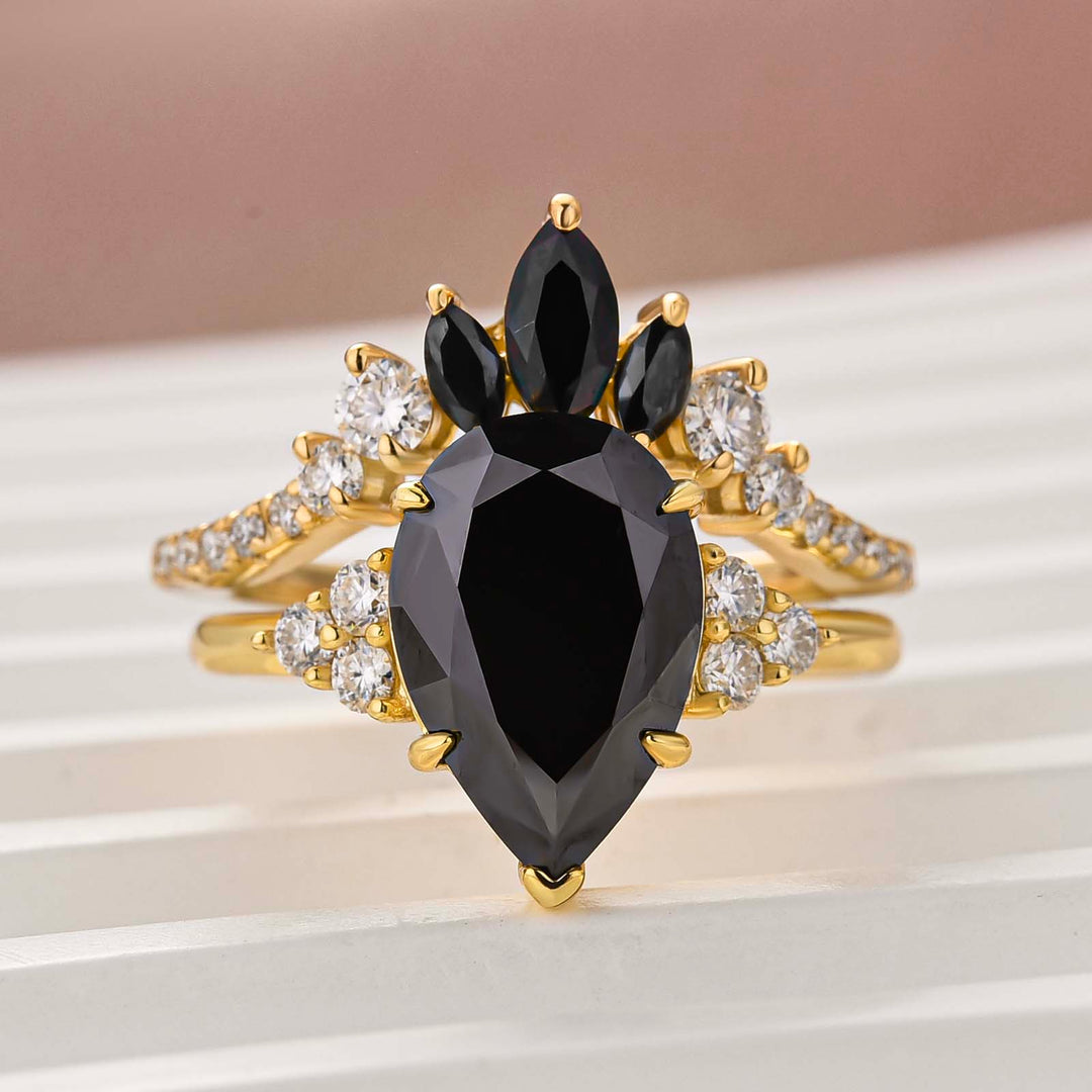 Moissanite 3.5Ct Pear Cut Black Stone & White Side Stones Stackable Travel Ring For Women