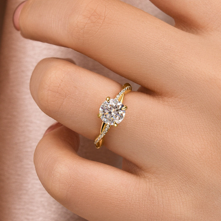 Rodiffy Moissanite 1.0Ct/1.2Ct/2.0 Ct Twist Yellow Gold Pave Promise Bridal Ring