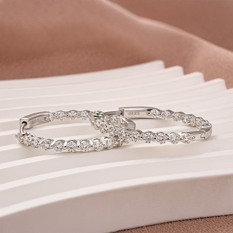 Full Pavé Moissanite Hoop Earrings for Women – Round Cut Sterling Silver with 18K White Gold Plating