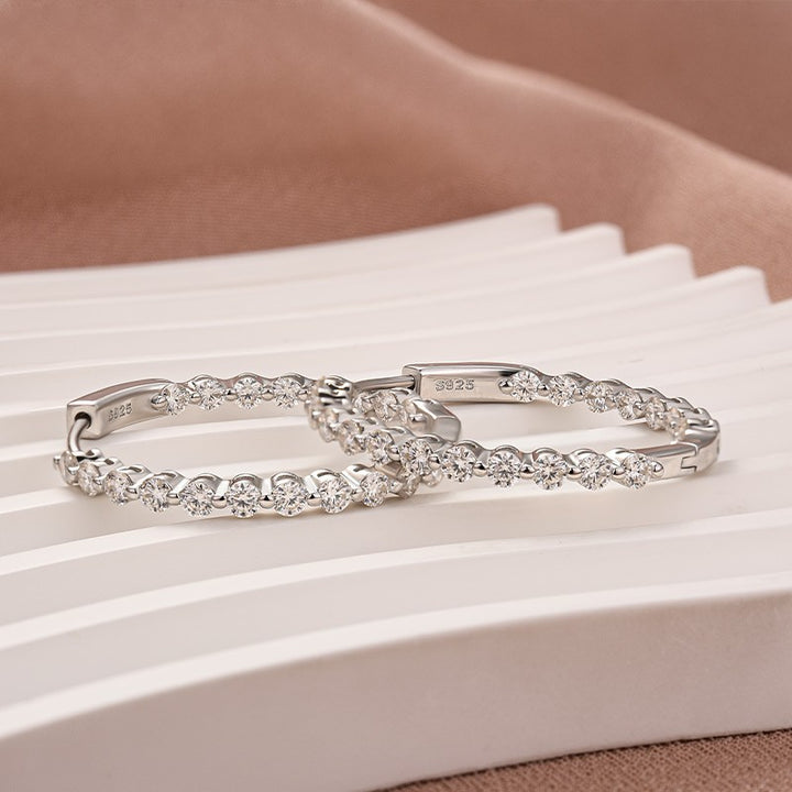 Full Pavé Moissanite Hoop Earrings for Women – Round Cut Sterling Silver with 18K White Gold Plating