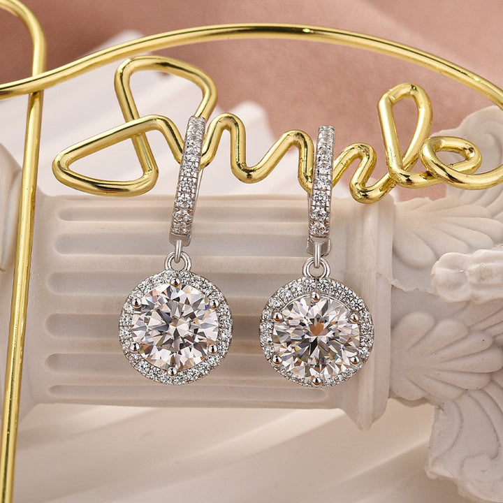 Moissanite 2.0Ct*2 Classic Halo Round Cut Drop Earrings In Sterling Silver