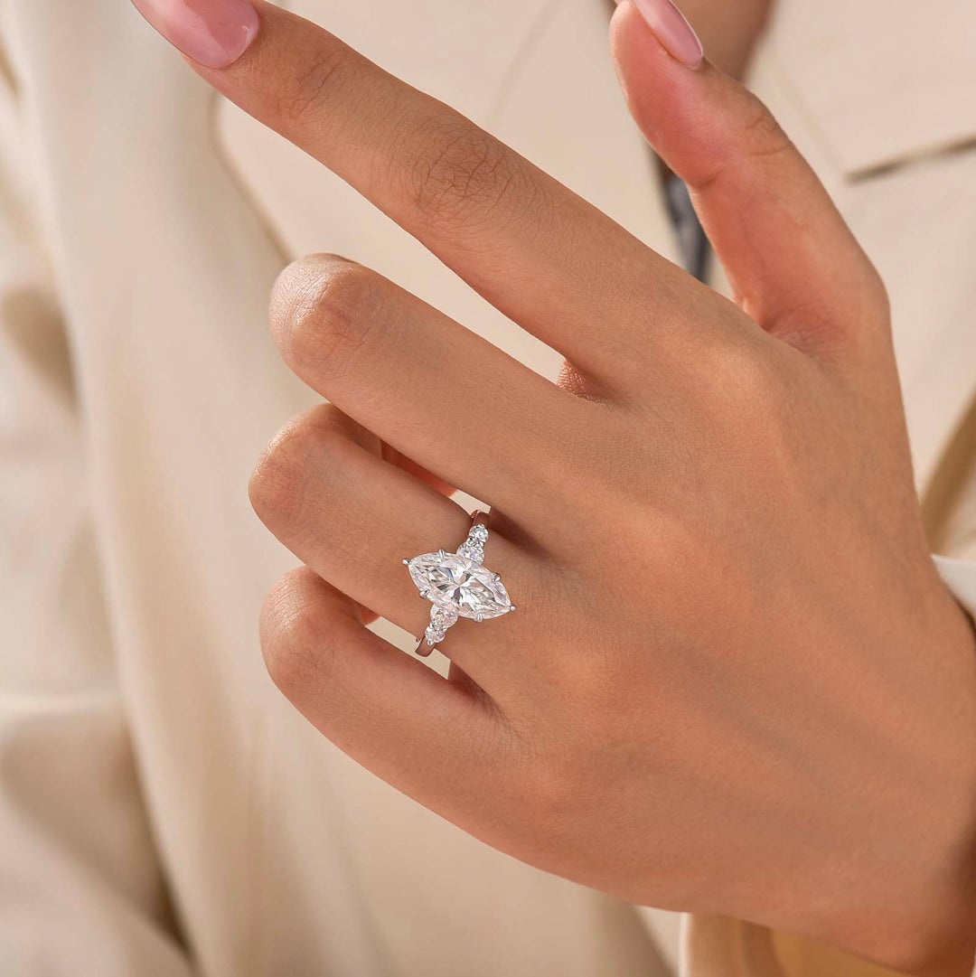 Moissanite 3.0CT Marquise Cut Classic Side Stone Travel Ring In Sterling Silver