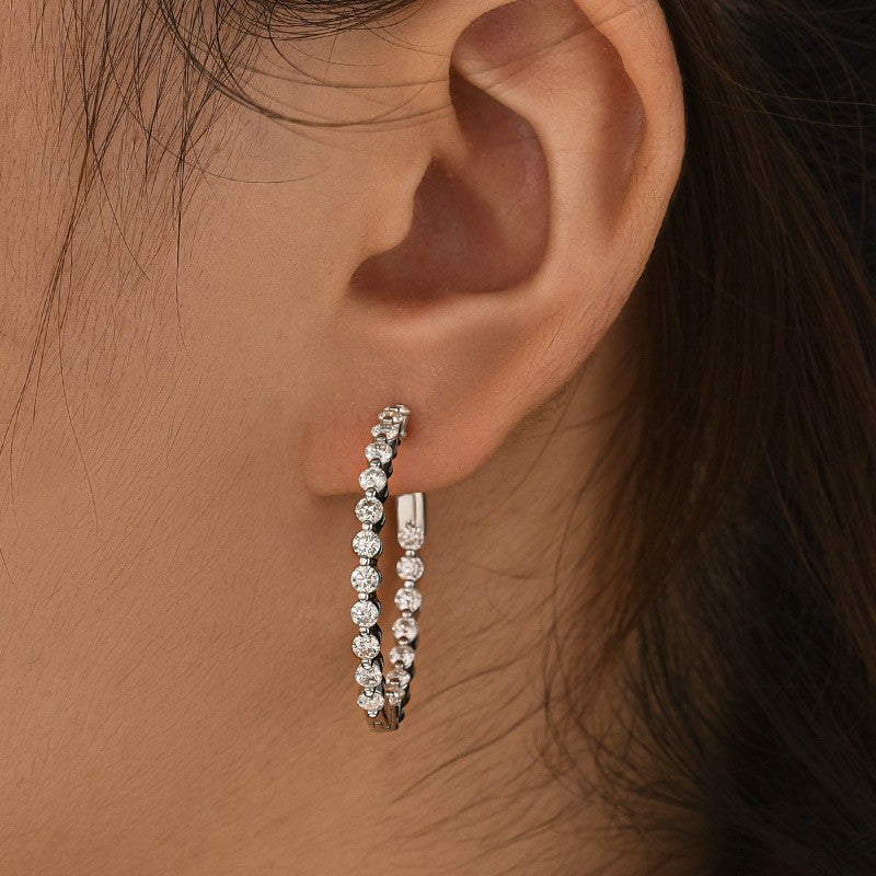 Full Pavé Moissanite Hoop Earrings for Women – Round Cut Sterling Silver with 18K White Gold Plating