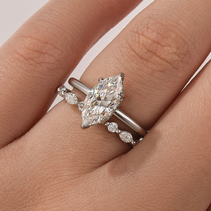 Moissanite 2.0 Ct Marquise Cut Solitaire White Gold Engagement Ring with Round &amp; Marquise Accents Bands