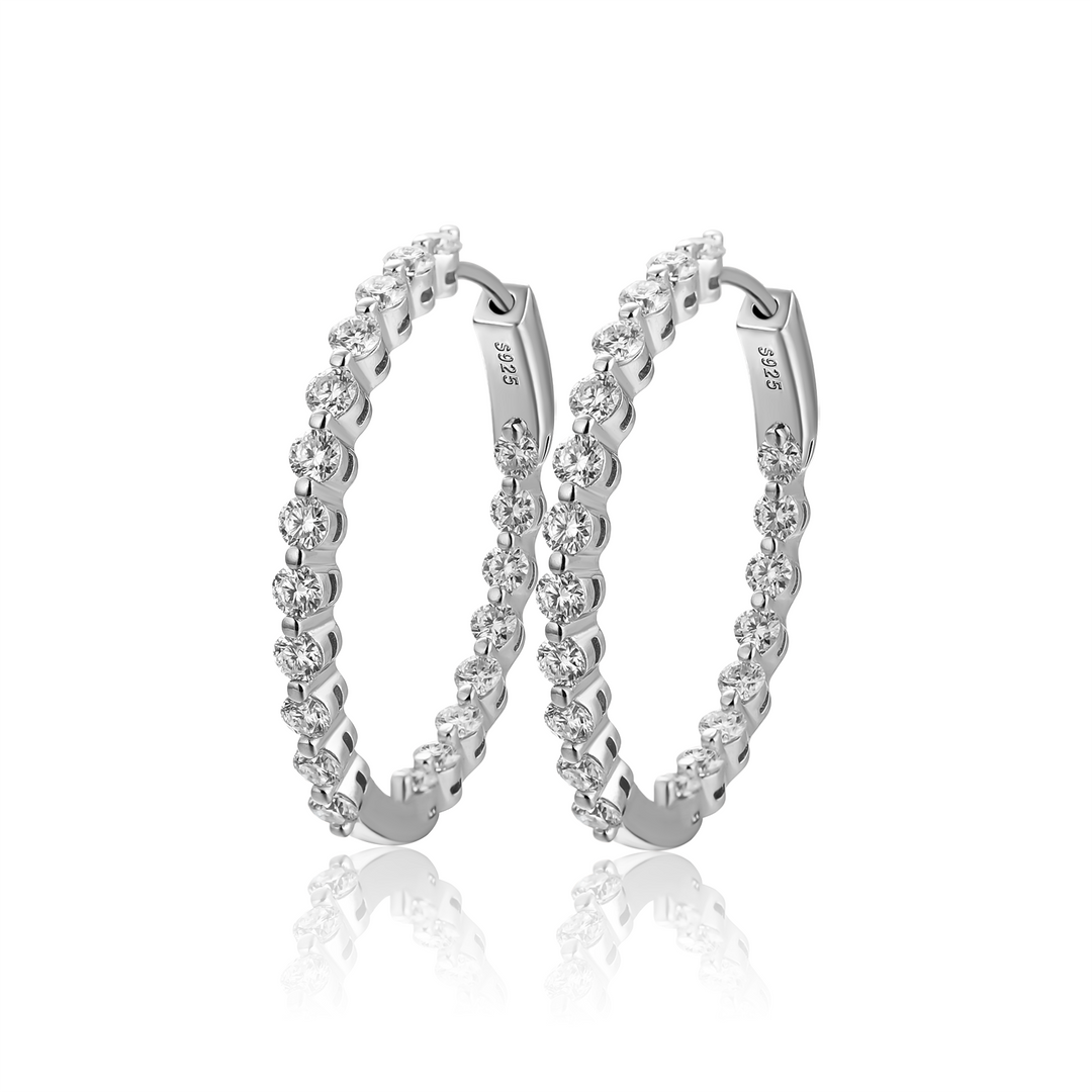 Full Pavé Moissanite Hoop Earrings for Women – Round Cut Sterling Silver with 18K White Gold Plating