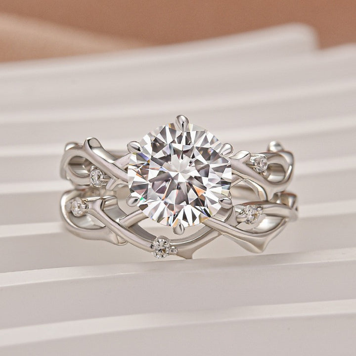 Moissanite 2.0 Ct Twig 6 Prong Round Cut Twist White Gold Wedding Set