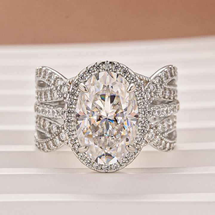 Moissanite 4.0Ct Halo Oval Cut White Gold Stack Wedding Ring with Enhancer Wedding Band