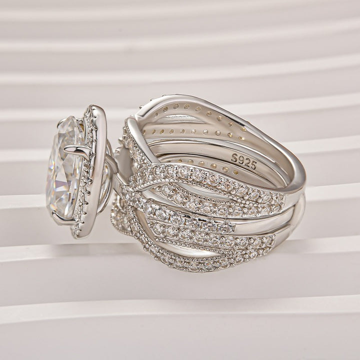 Moissanite 4.0Ct Halo Oval Cut White Gold Stack Wedding Ring with Enhancer Wedding Band