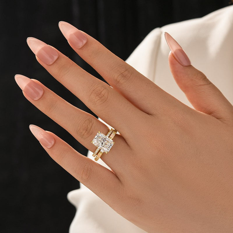Moissanite 4.5Ct Radiant Cut Yellow Gold  Wedding Ring with Emerald Cut Wedding Band