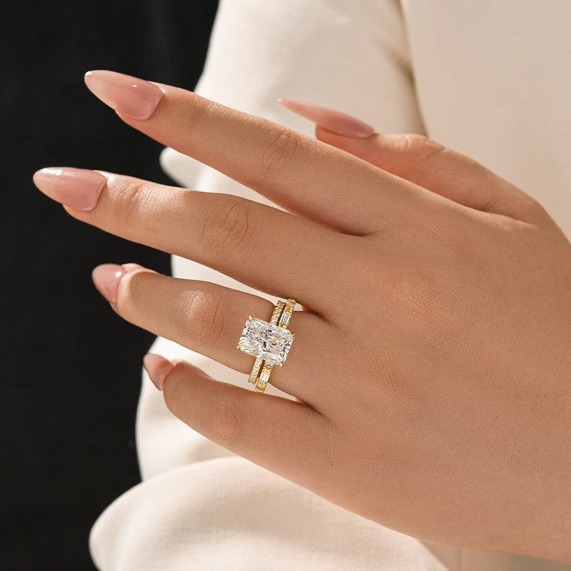 Moissanite 4.5Ct Radiant Cut Yellow Gold  Wedding Ring with Emerald Cut Wedding Band