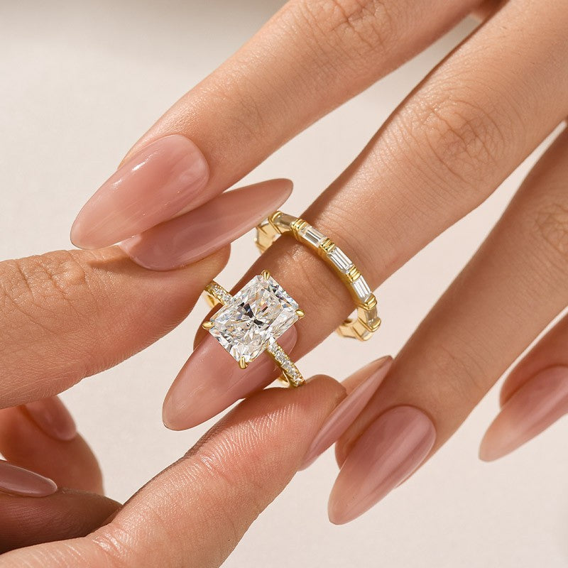 Moissanite 4.5Ct Radiant Cut Yellow Gold  Wedding Ring with Emerald Cut Wedding Band