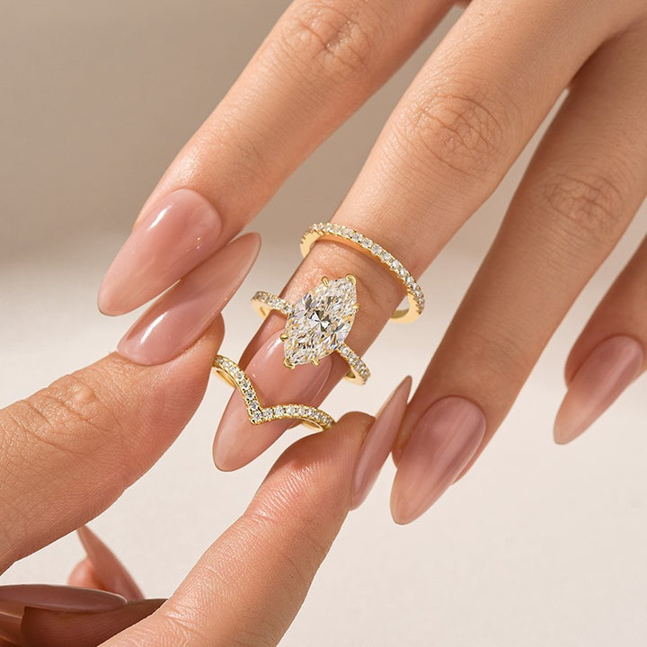 Moissanite 4.0Ct Marquise Cut Yellow Gold Wedding Ring with V Contour Wedding Band