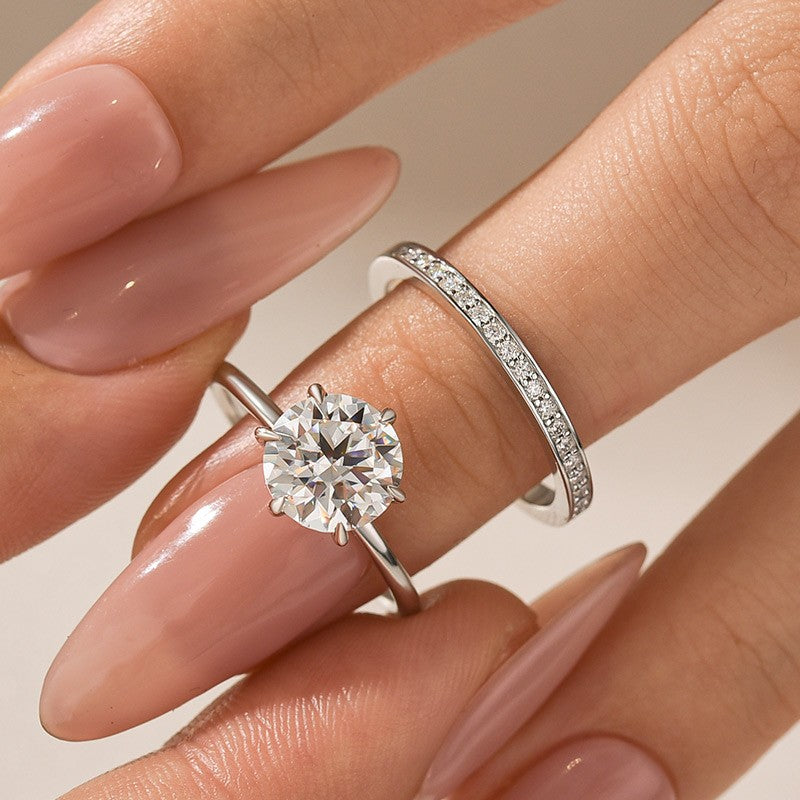 Moissanite 2.0Ct Solitaire Round Cut White Gold Stack Wedding Ring with Pavé Eternity Ring