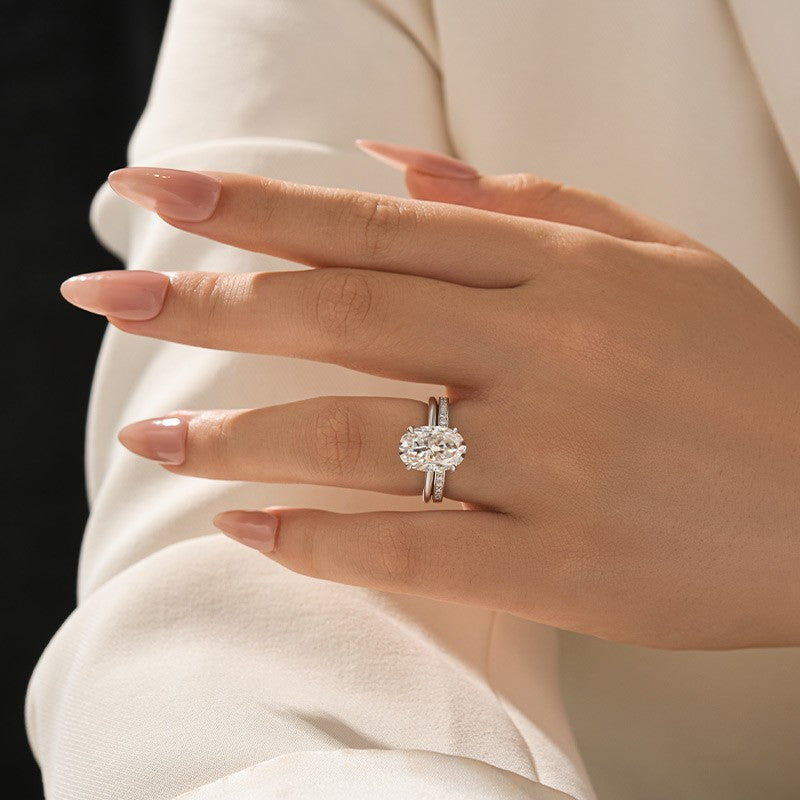 Moissanite 4.0Ct Solitaire Oval Cut White Gold Wedding Ring with Pavé Eternity Ring