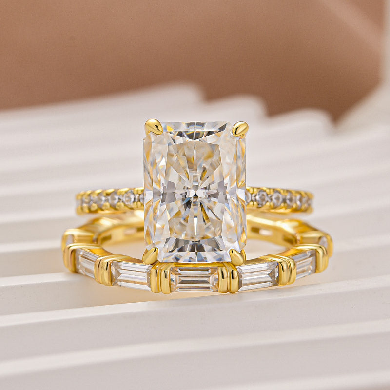 Moissanite 4.5Ct Radiant Cut Yellow Gold  Wedding Ring with Emerald Cut Wedding Band