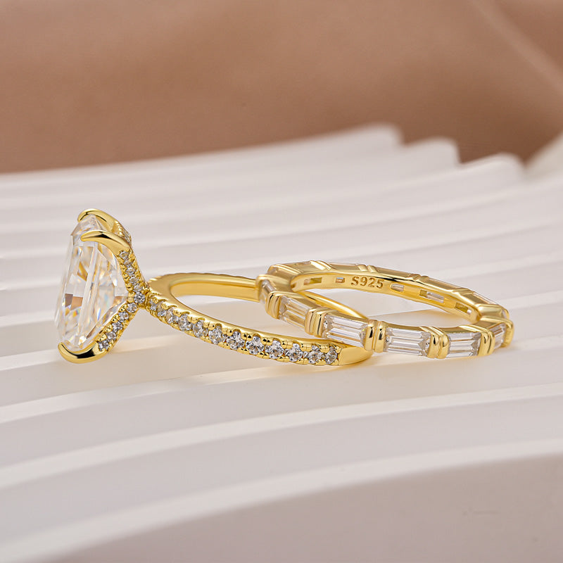 Moissanite 4.5Ct Radiant Cut Yellow Gold  Wedding Ring with Emerald Cut Wedding Band