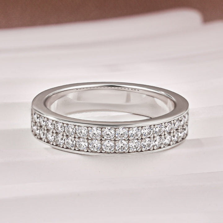 Half 1.0 Ct Round Cut Moissanite Wide Wedding Band In Sterling Silver