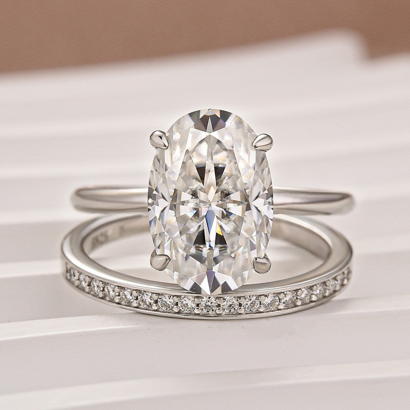 Moissanite 4.0Ct Solitaire Oval Cut White Gold Wedding Ring with Pavé Eternity Ring