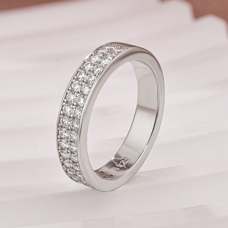Half 1.0 Ct Round Cut Moissanite Wide Wedding Band In Sterling Silver