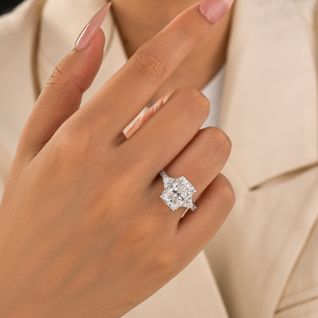 Three Stone 5.0Ct Radiant Cut Moissanite Hidden Halo Engagement Ring In Sterling Silver
