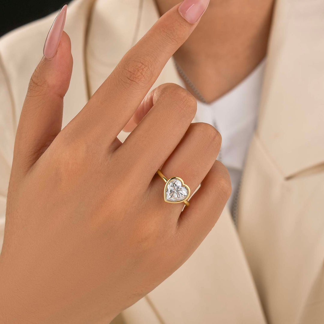 S925 Moissanite 3.0Ct Heart Bezel-Set Solitaire 18K Gold Plated Ring