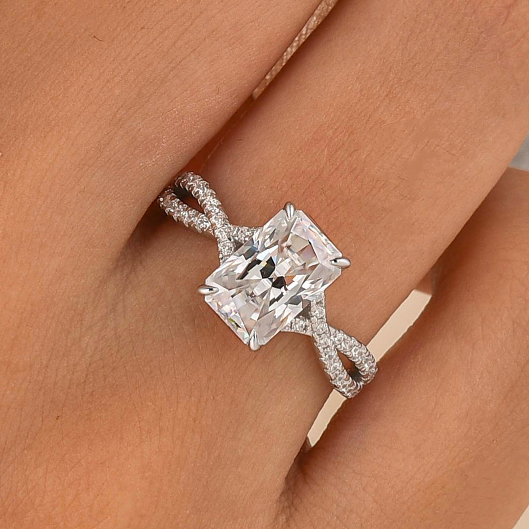 Moissanite 2.5Ct Radiant Cut Twist Hidden Halo Everyday Wearable Ring for Daily Outfit