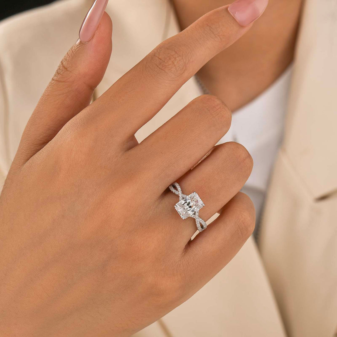 Moissanite 2.5Ct Radiant Cut Twist Hidden Halo Everyday Wearable Ring for Daily Outfit