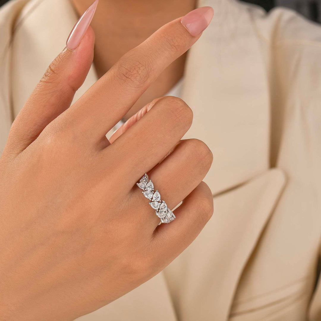 Moissanite Pear Cut 2.2Ct Half Eternity Stackable Teardrop Travel Ring in Sterling Silver