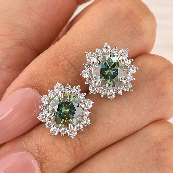 Moissanite 2.0Ct*2 Round Halo Green Stone Stud Earrings