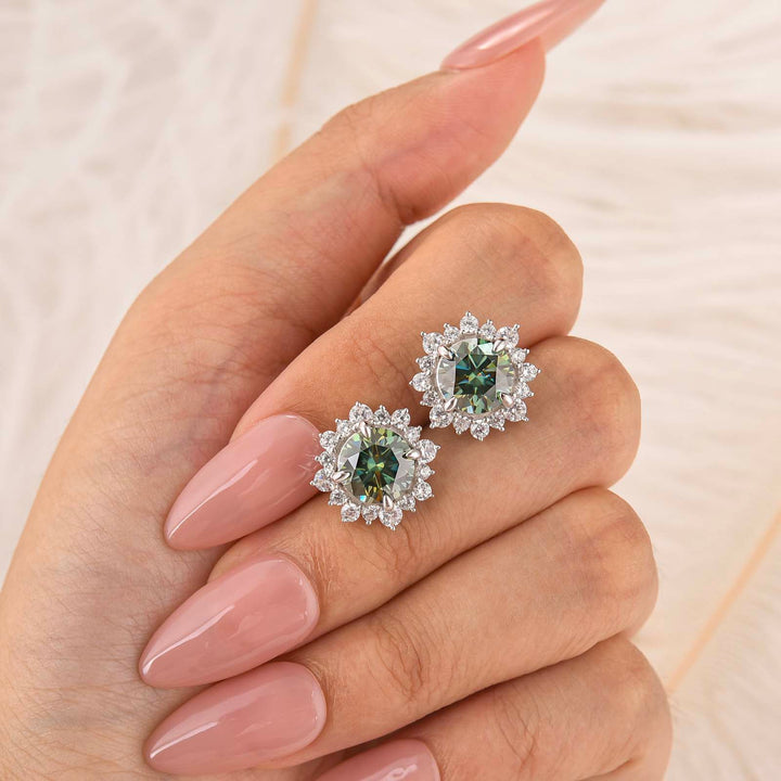 Moissanite 2.0Ct*2 Round Halo Green Stone Stud Earrings